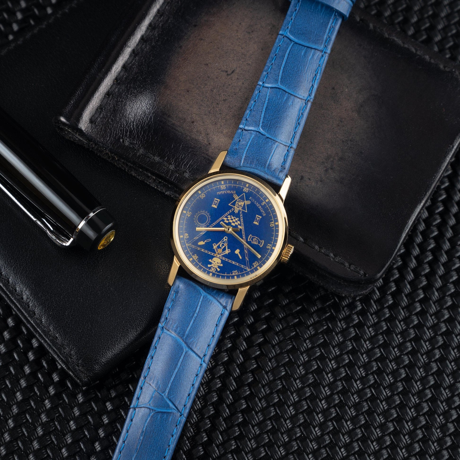 RARE POBEDA "MASONIC" WRIST BLUE WATCH 1980S