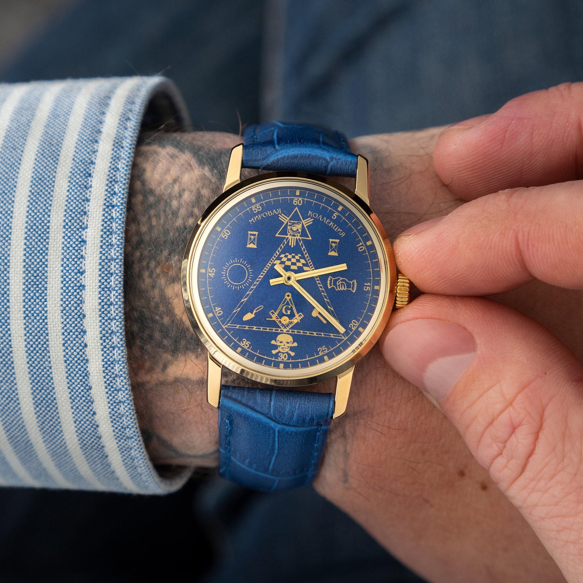 RARE POBEDA "MASONIC" WRIST BLUE WATCH 1980S