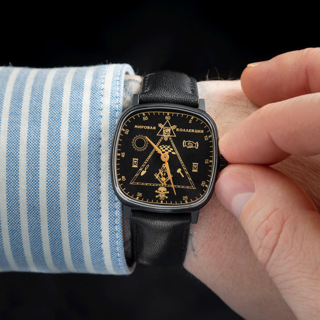 1970s Rare Vintage Pobeda Masonic Watch, Black Dial, Square Case 36mm, Mechanical Unisex Wristwatch, Original Box & Documents