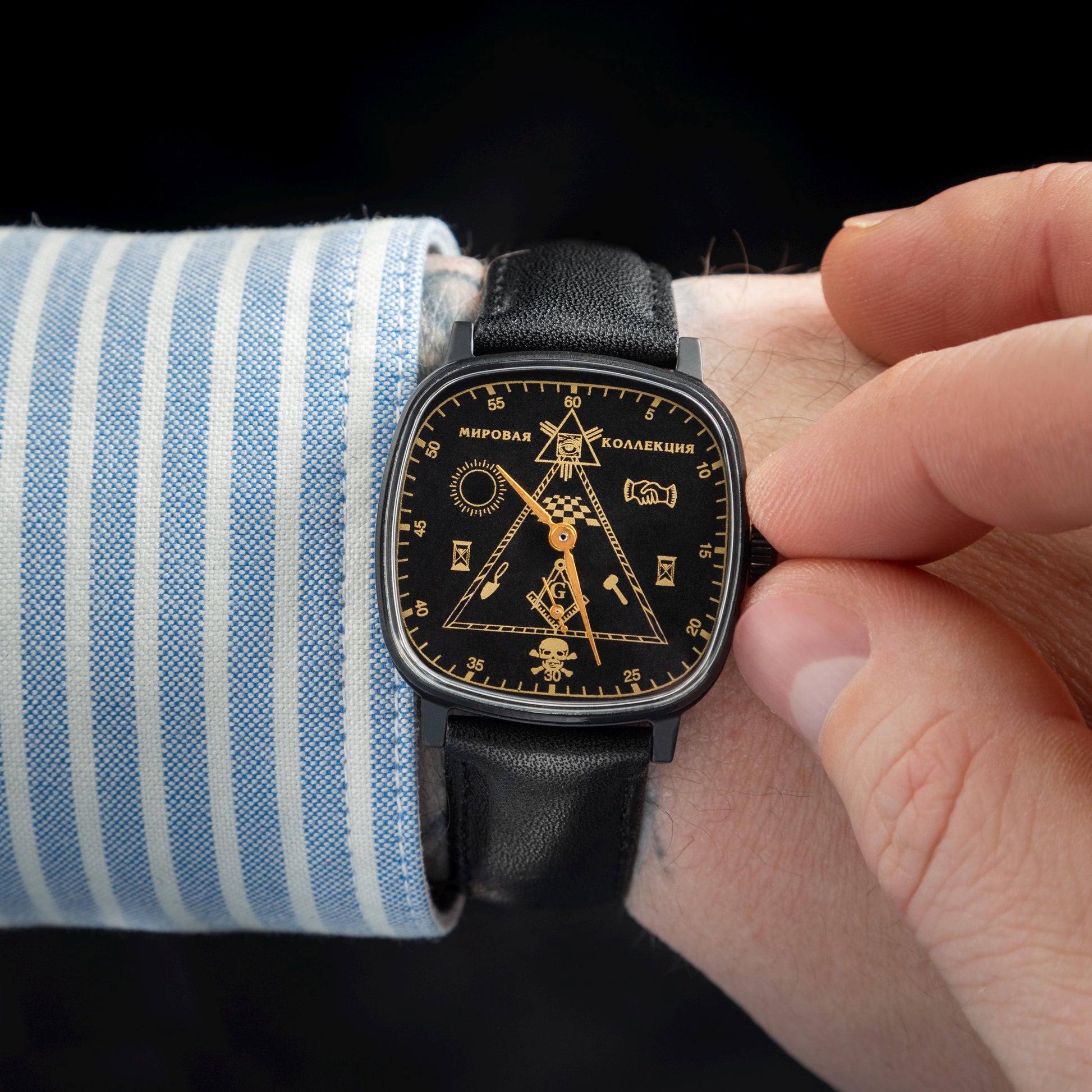 1970s Rare Vintage Pobeda Masonic Watch, Black Dial, Square Case 36mm, Mechanical Unisex Wristwatch, Original Box & Documents