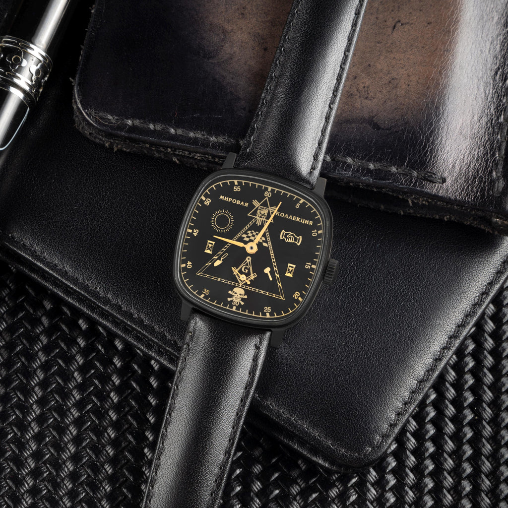 1970s Rare Vintage Pobeda Masonic Watch, Black Dial, Square Case 36mm, Mechanical Unisex Wristwatch, Original Box & Documents