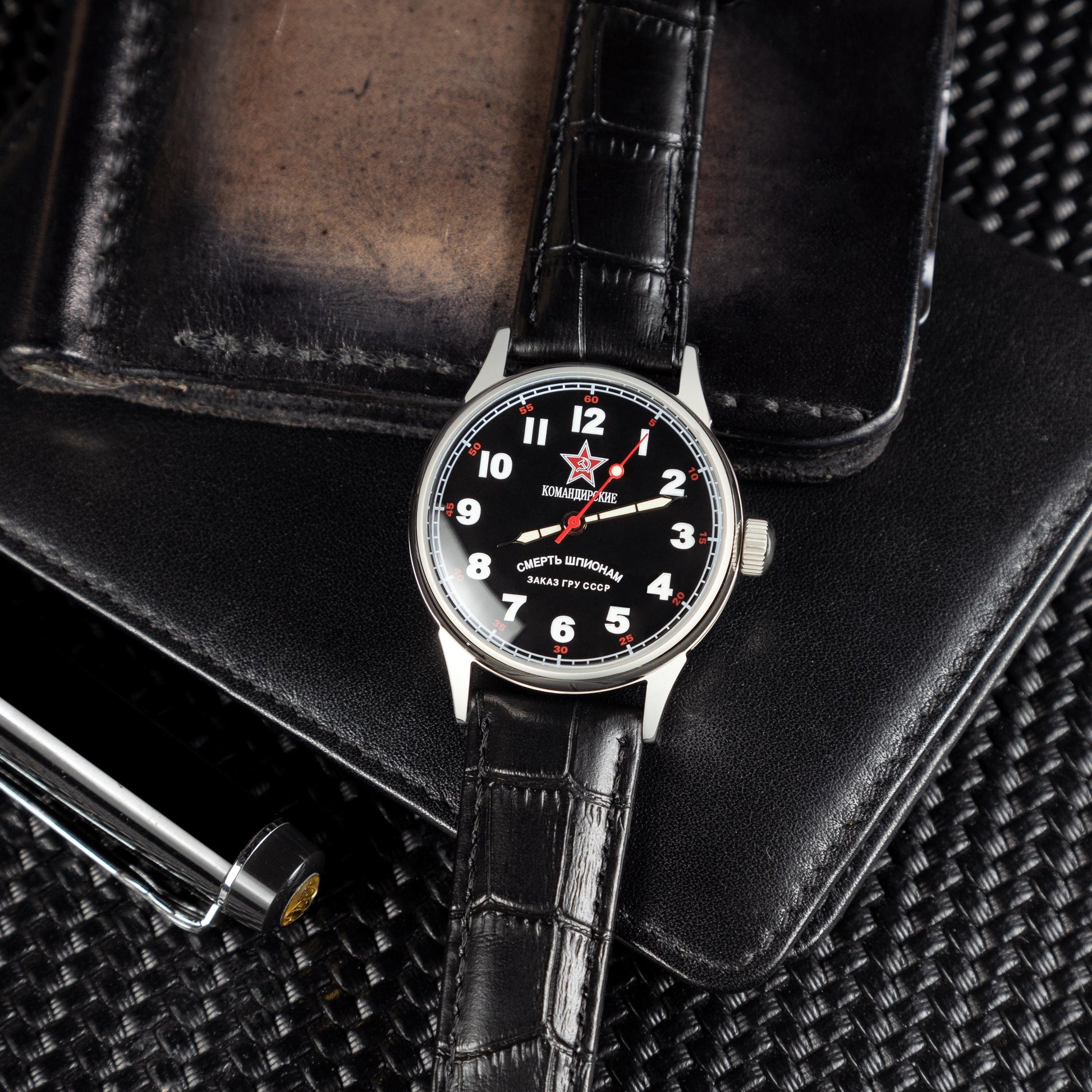 Mens Soviet Military Komandirskie Vintage Wrist Watch 1990s. "Death to Spies". Black Dial. Mechanical Movement (Manual) Engraving available